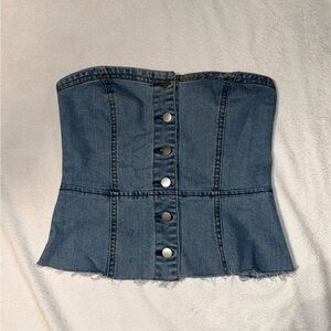 Forever 21 Blue Denim Corset Black Tube Top - Y2K Peplum Raw Hem - Small